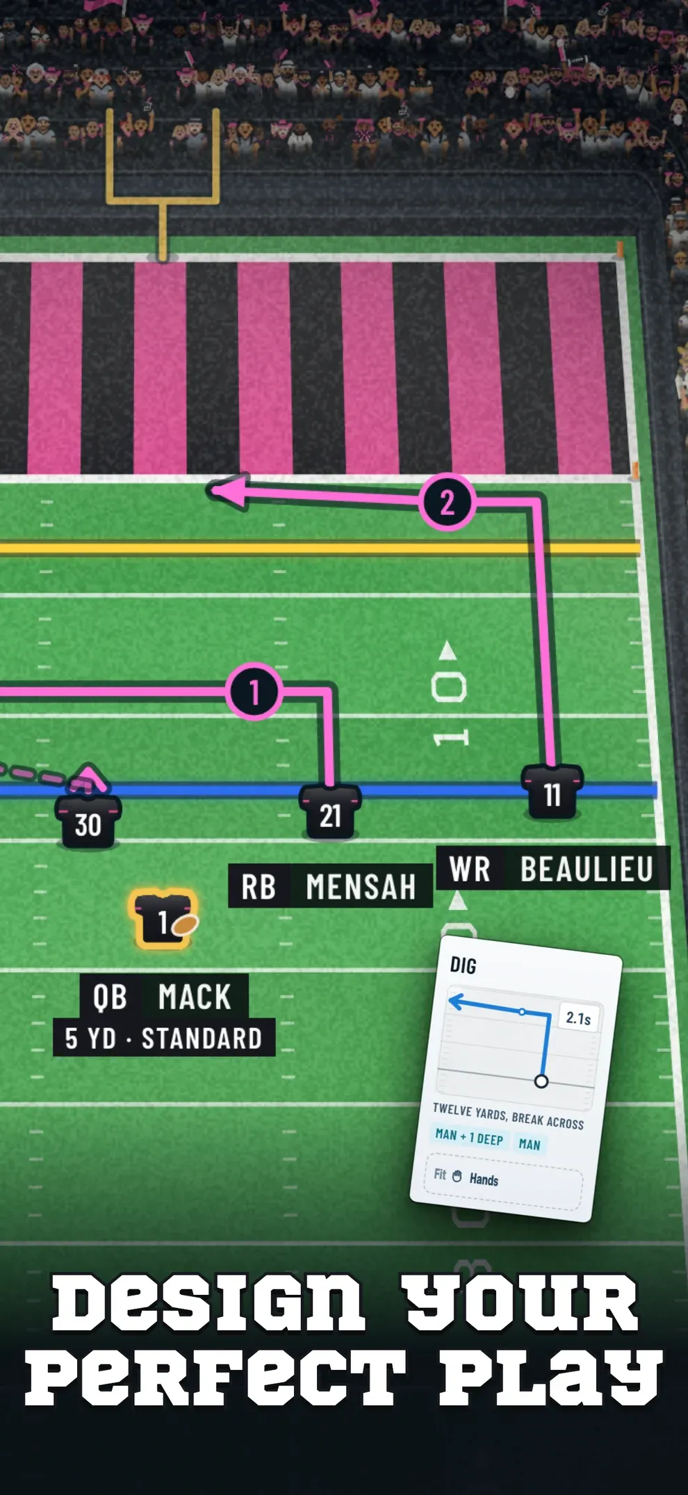 Design your perfect play. Routes drawn near the goal line, with the Dig play card beside them.