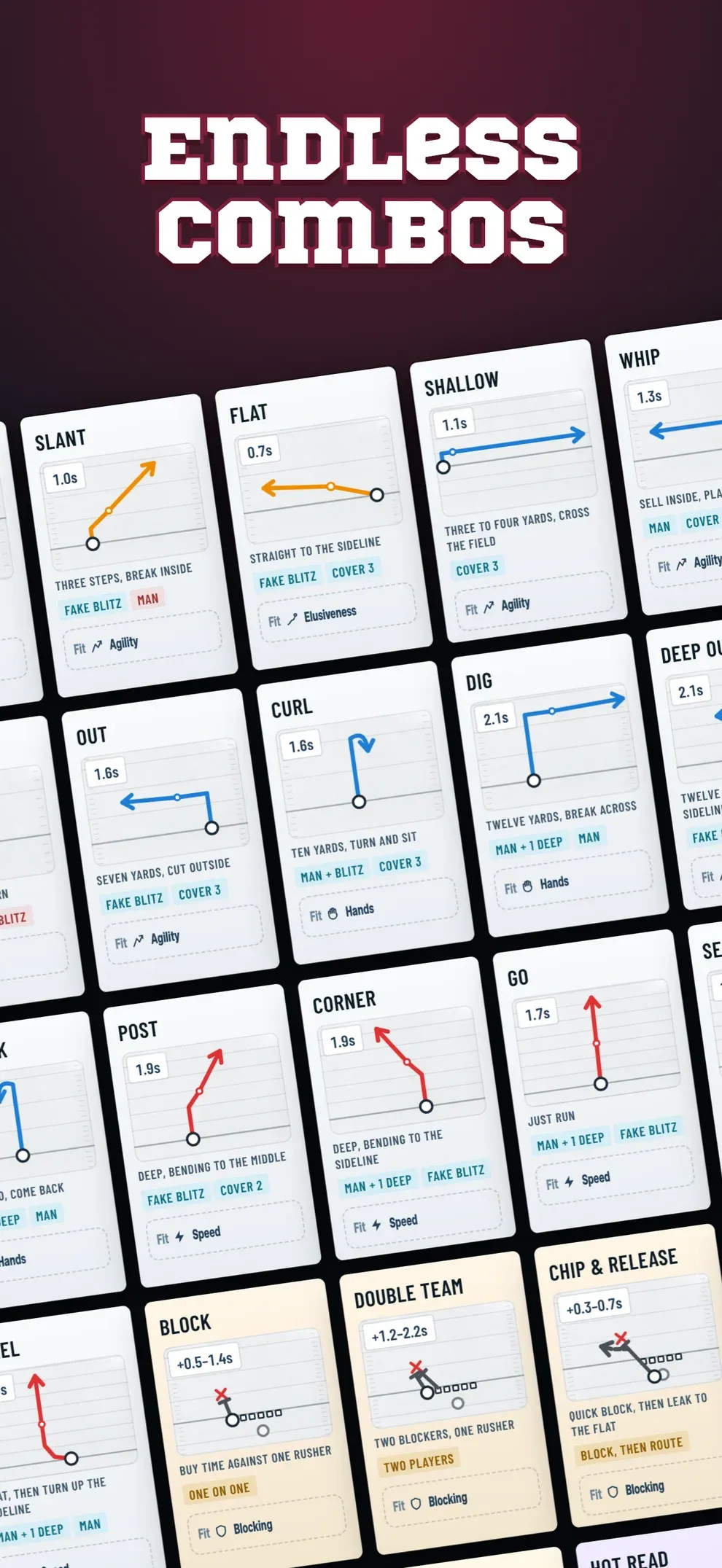Endless combos. A grid of the game's 28 play cards.
