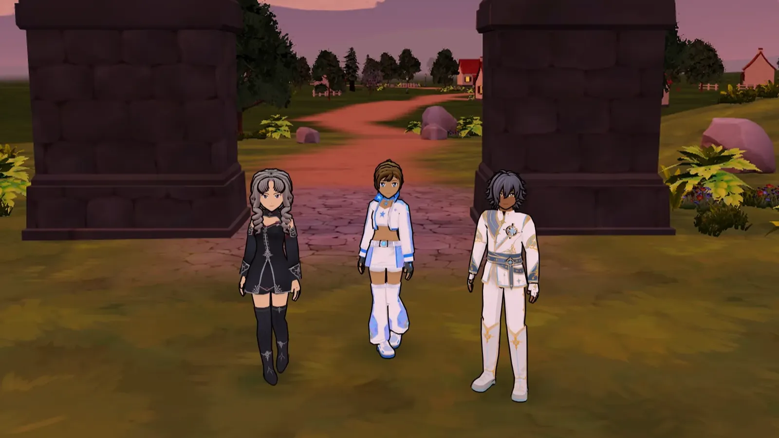 Three Veta Online characters standing in front of the ruined arch of Obanur at dusk.